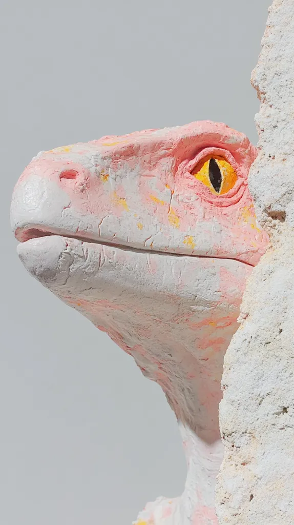 The image is of a sculpture of a creature's head. It is made from a pink and white material, with a yellow eye. The creature's head is partially hidden behind a white textured surface, creating a sense of mystery and intrigue. The sculpture has a rough, textured surface, giving it an organic and natural appearance. The colors are muted and soft, adding to the overall sense of peace and tranquility.