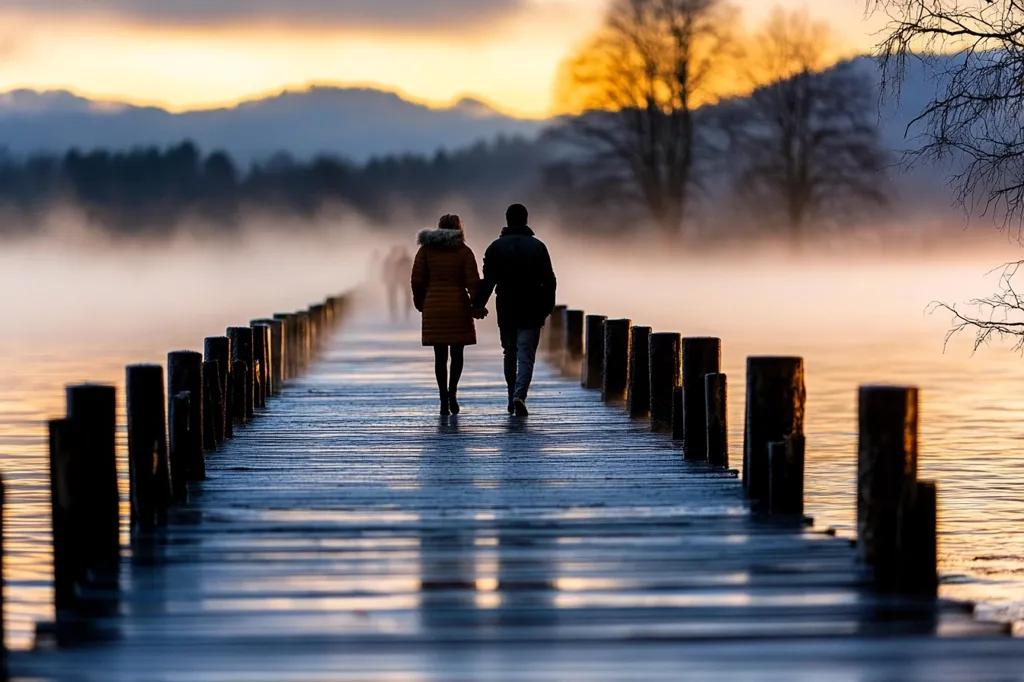 A couple walks hand-in-hand down a wooden pier that stretches across a misty lake. The sun is rising in the distance, casting a warm glow over the scene. The fog creates a sense of mystery and serenity, while the couple's silhouettes are framed by the wooden railings. The image evokes feelings of peace and tranquility.