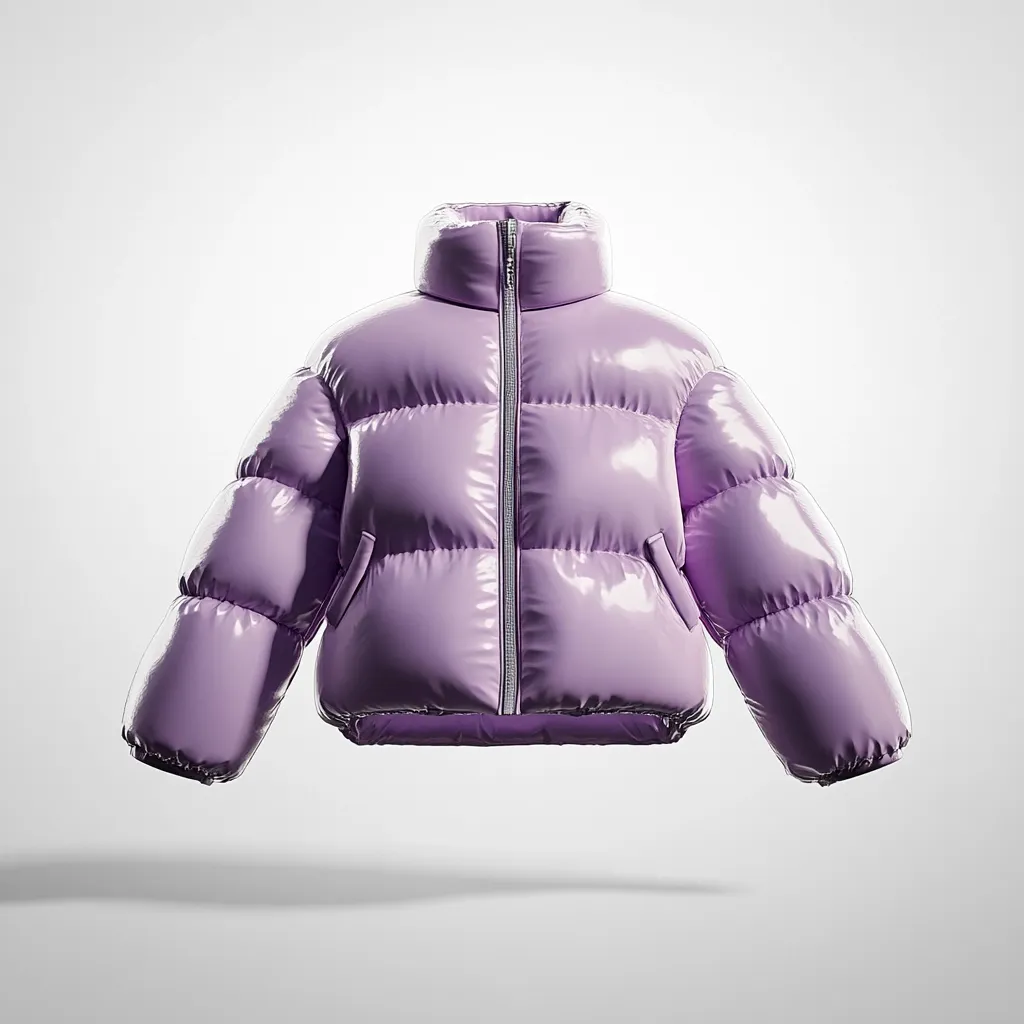 A shiny, lavender puffer jacket with a zipper up the front. The jacket has a high collar and large, puffy sleeves. It is photographed against a white background and appears to be brand new.  The jacket has a sleek and modern design.