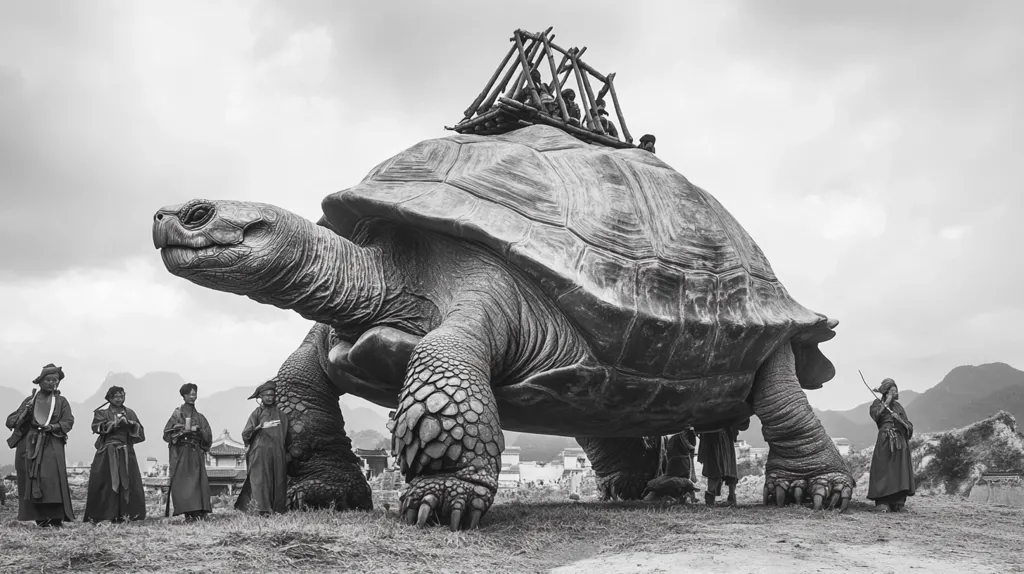 A giant tortoise stands in a field, its massive size dwarfing the people standing nearby. The tortoise is carrying a structure made of bamboo on its back, with people sitting and standing on it. The scene is captured in black and white, adding to the sense of awe and scale.  The people appear small and insignificant next to the imposing creature, highlighting the power and grandeur of nature.