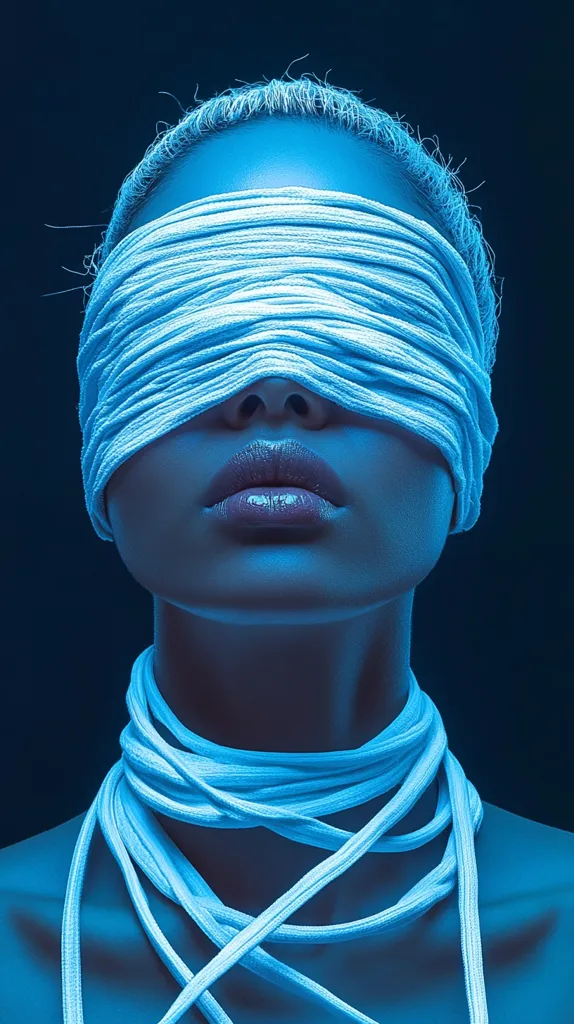 A woman's face is illuminated in a blue light, her eyes obscured by a white cloth blindfold. The cloth is wrapped tightly around her head, creating a dramatic silhouette. The focus is on her lips, which are painted a bright, glossy red. She is wearing a white, fabric necklace that wraps around her neck.  The image has a mysterious and alluring quality.
