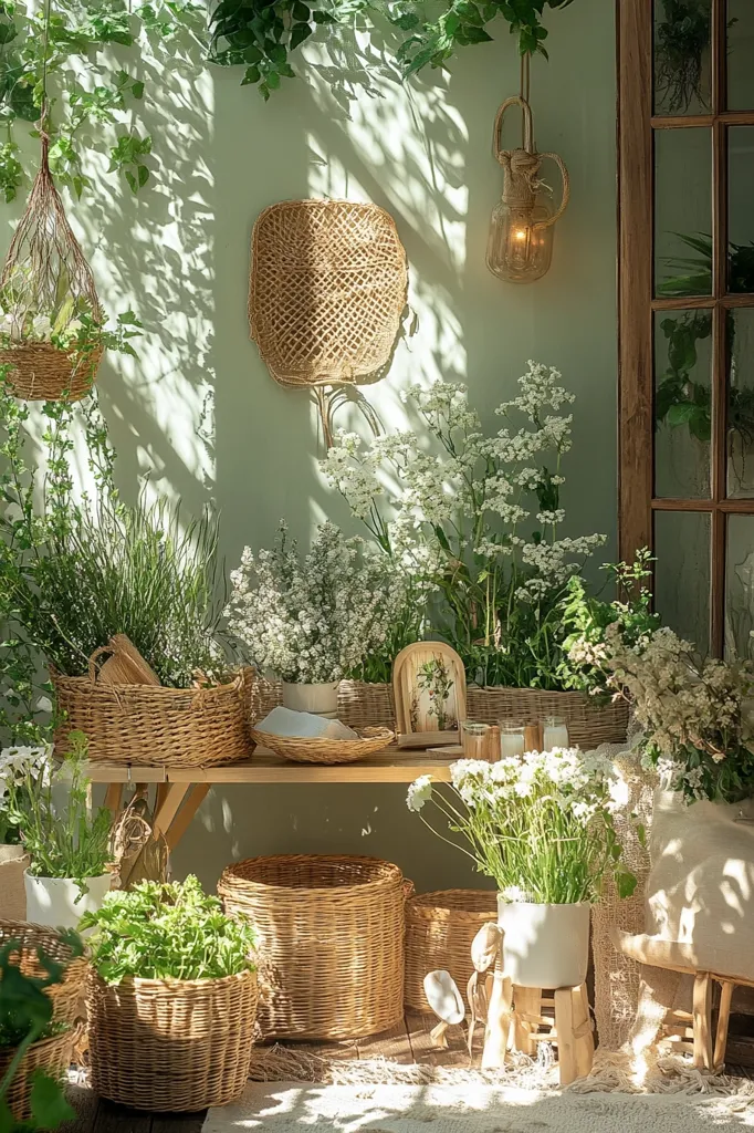 The image shows a cozy outdoor space with a light green wall and lush greenery. White flowers bloom in woven baskets and a wicker fan hangs on the wall. Sunlight streams through the leaves, casting dappled shadows. Wooden furniture and a white pot with flowers add to the serene and natural ambiance.