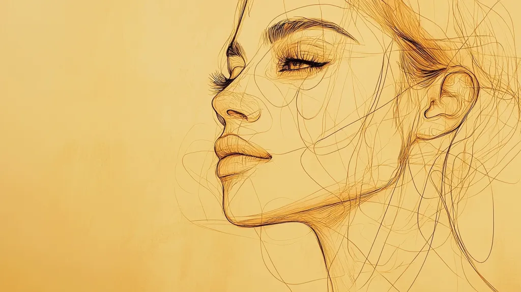 The image is a line drawing of a woman's face. It is done in a minimalist style, with only the essential lines of the face being drawn. The woman is looking to the right, and her hair is flowing behind her. The background is a pale yellow. The drawing is delicate and ethereal, capturing the beauty of the woman's features.  The lines are thin and wispy, creating a sense of movement and softness. The overall effect is one of grace and elegance.  It looks like a sketch from a professional artist.