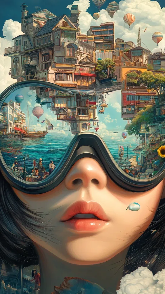 The image depicts a woman with her eyes closed, wearing goggles that reflect a surreal cityscape. The cityscape is a mix of buildings, water, and hot air balloons. The woman's face is soft and delicate, and her lips are slightly parted. The overall tone of the image is dreamy and whimsical. The image is likely meant to evoke a sense of wonder and imagination.