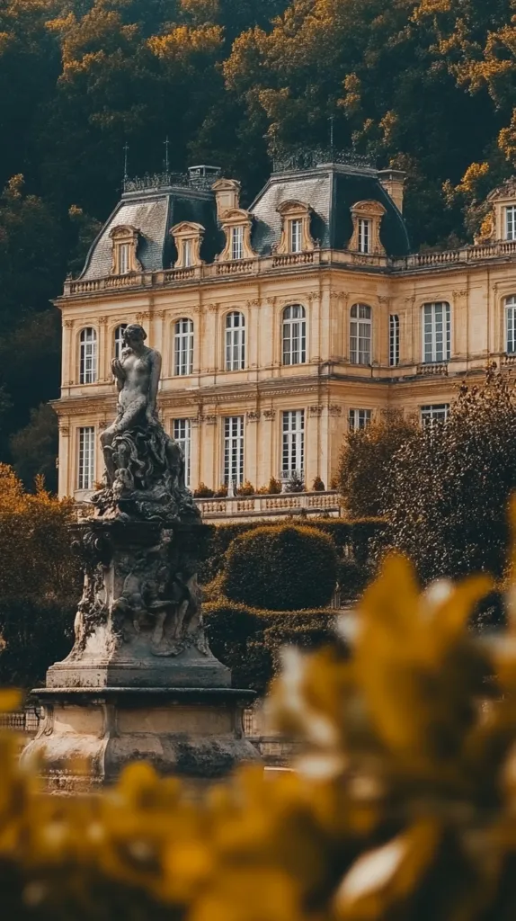 A grand, old European-style building sits on a hill overlooking a lush garden. The building is made of light stone with a dark roof and numerous windows.  In the foreground, a large, stone sculpture stands tall in the garden, partially obscured by bushes and trees. The warm colors of the setting sun cast a golden glow over the scene, creating a sense of tranquility and timelessness.