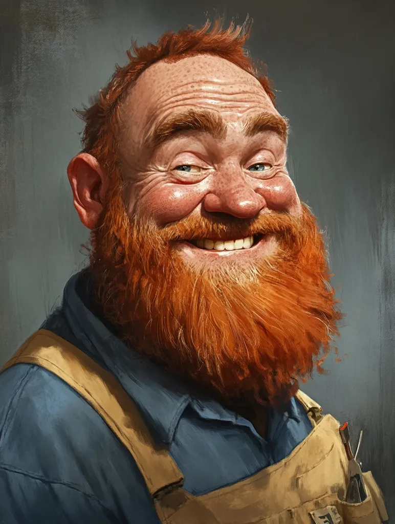 A man with a bright red beard and a mischievous grin. His face is full of laughter lines, and his blue eyes sparkle with joy. He is wearing a blue shirt and tan overalls, suggesting he is a hardworking tradesman. The lighting is soft, casting a warm glow on his face and emphasizing his friendly demeanor.  The portrait evokes a sense of warmth, humor, and genuine happiness.