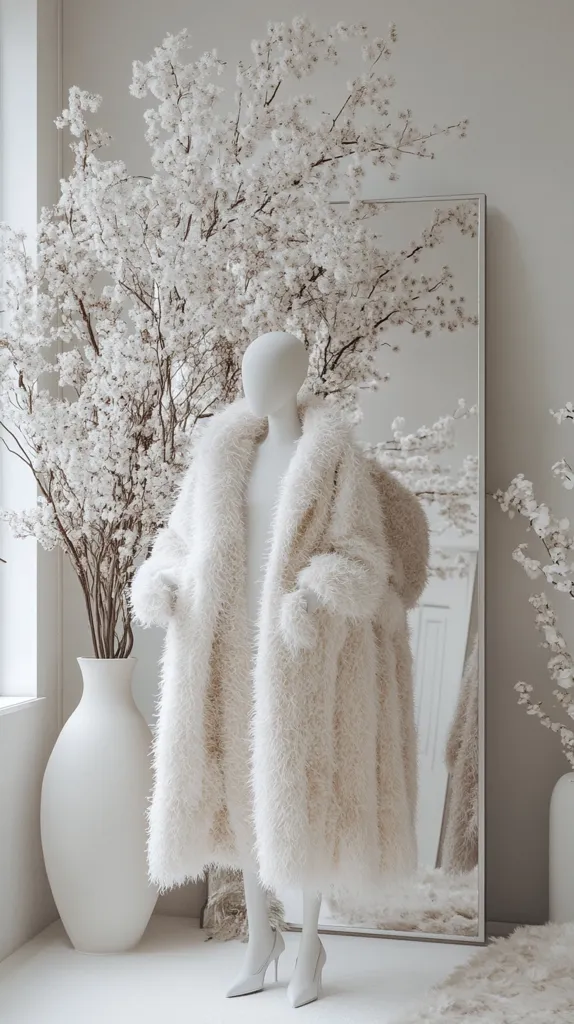 A white mannequin wears a fluffy, cream-colored coat. It stands in front of a large mirror, which reflects a white, floral arrangement behind it. The background is a minimalist, white space, and the image is illuminated by soft, natural light. The overall aesthetic is clean, simple, and elegant.