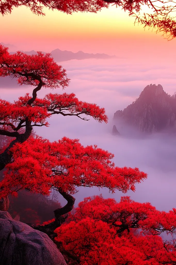 A vibrant red tree stands out against a backdrop of misty mountains and a soft pink sky. The fog swirls around the mountain peaks, creating a surreal and ethereal atmosphere. The branches of the tree stretch towards the sky, their bright red leaves contrasting with the muted colors of the landscape. The image evokes a sense of peace and tranquility, as if time has stood still in this breathtaking scene.