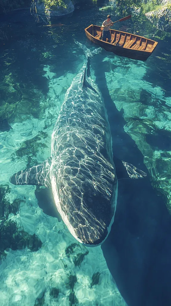 A large whale swims just below the surface of a clear turquoise sea.  The whale is dark grey with a slightly lighter underside, and it is partially visible as it swims.  A wooden rowboat with a man rowing is positioned above the whale. The surface of the water is calm and reflects the sunlight.  The scene is tranquil and peaceful.