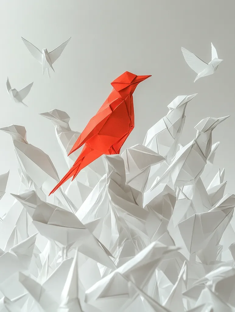A single, bright red origami bird stands out against a backdrop of dozens of white origami birds. The red bird is perched on a small mound of crumpled white paper, which appears to be the remains of other origami creations. The image is a simple yet striking visual metaphor for individuality and standing out from the crowd.  The lighting is soft and diffused, casting gentle shadows that add depth and dimension to the scene.