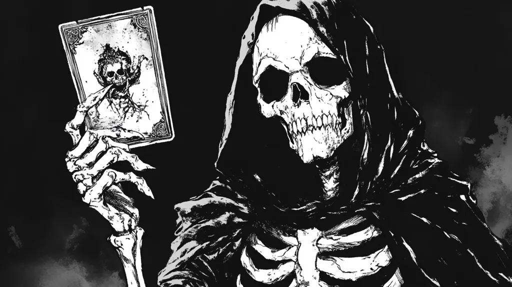 A skeletal figure cloaked in a hooded robe holds a card with a skull on it. The figure's face is a skull with an intense gaze. The image is rendered in black and white with a dark background and subtle wisps of smoke.  The atmosphere is eerie and mysterious, suggesting a theme of death or the unknown.