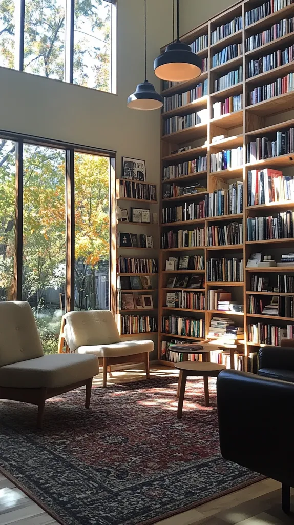 A bright and airy living room features a large window overlooking a lush green yard. The space is anchored by a massive bookshelf filled with books, and two comfortable armchairs. A beautiful rug covers the floor, and two pendant lights hang from the high ceiling. The room is bathed in natural light, creating a warm and inviting atmosphere.