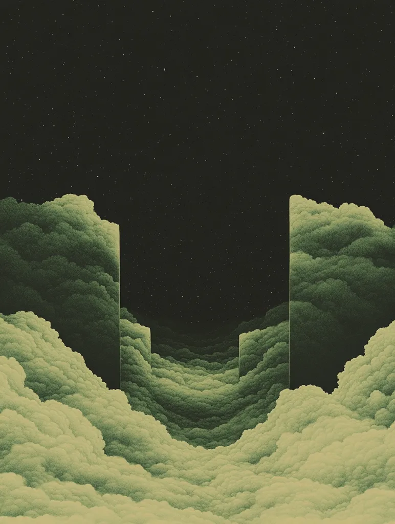 The image depicts a surreal landscape of clouds, with two tall, rectangular formations of clouds standing tall against a starry black sky. The clouds appear to be made of soft, textured material, creating a sense of depth and mystery. The scene is illuminated by a faint glow, suggesting an ethereal and otherworldly atmosphere. The absence of any recognizable features adds to the abstract and dreamlike quality of the artwork.
