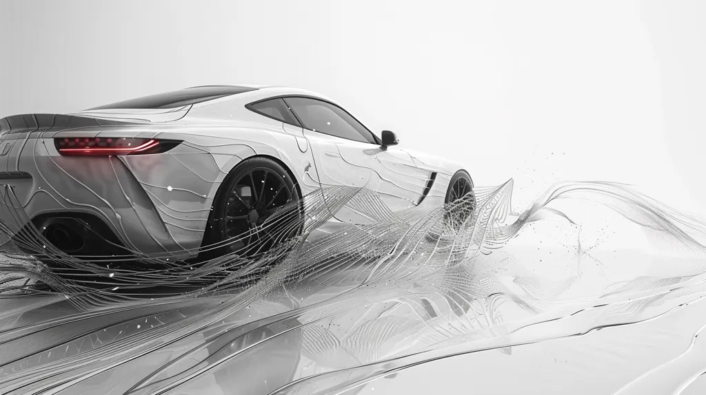 A sleek, white sports car is captured in a moment of motion, leaving behind a swirling trail of abstract, digital lines. The car is rendered in a minimalist style, highlighting its sharp lines and aerodynamic design. The digital lines create a sense of speed and energy, emphasizing the car's dynamic presence. The composition is clean and modern, drawing attention to the interplay between the car and its digital trail. The image evokes a sense of futuristic technology and high-performance driving.
