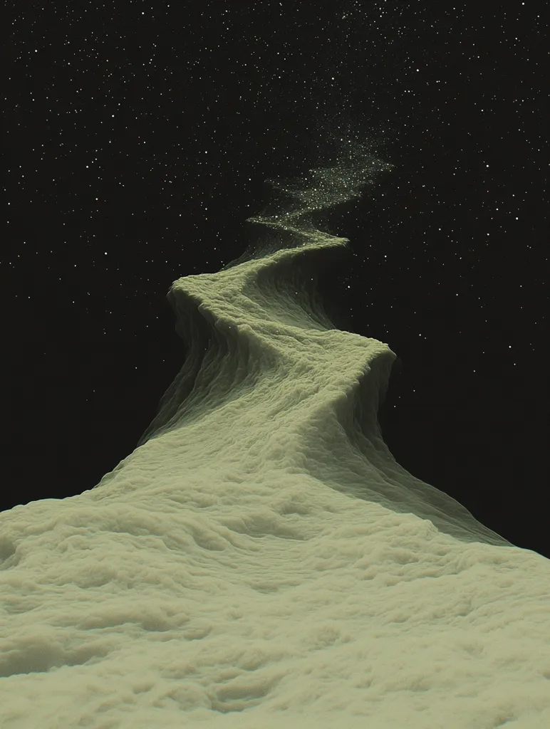 A large, undulating, cream-colored landmass curves upward against a dark, star-studded sky. The landmass appears to be a mountain range, with its peaks reaching high into the night. The stars are scattered across the sky, and a faint milky way is visible in the top center of the frame. The image evokes a sense of mystery and wonder, as if it depicts a landscape from another world.