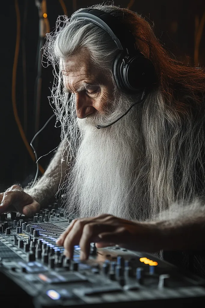 An elderly man with a long white beard and grey hair is wearing headphones and operating a soundboard with his hands. He is focused on the task at hand, adjusting the knobs and sliders. The lighting is dim, casting shadows across his face and the soundboard. He appears to be an experienced professional in the field of audio engineering.