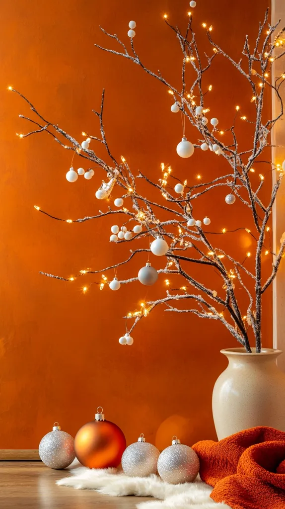 A bare tree branch adorned with white baubles and fairy lights stands in a vase against a burnt orange wall. The tree is decorated with faux snow. In the foreground, four silver baubles and one large copper bauble rest on a white furry rug with an orange blanket. The scene evokes a cozy and festive atmosphere.