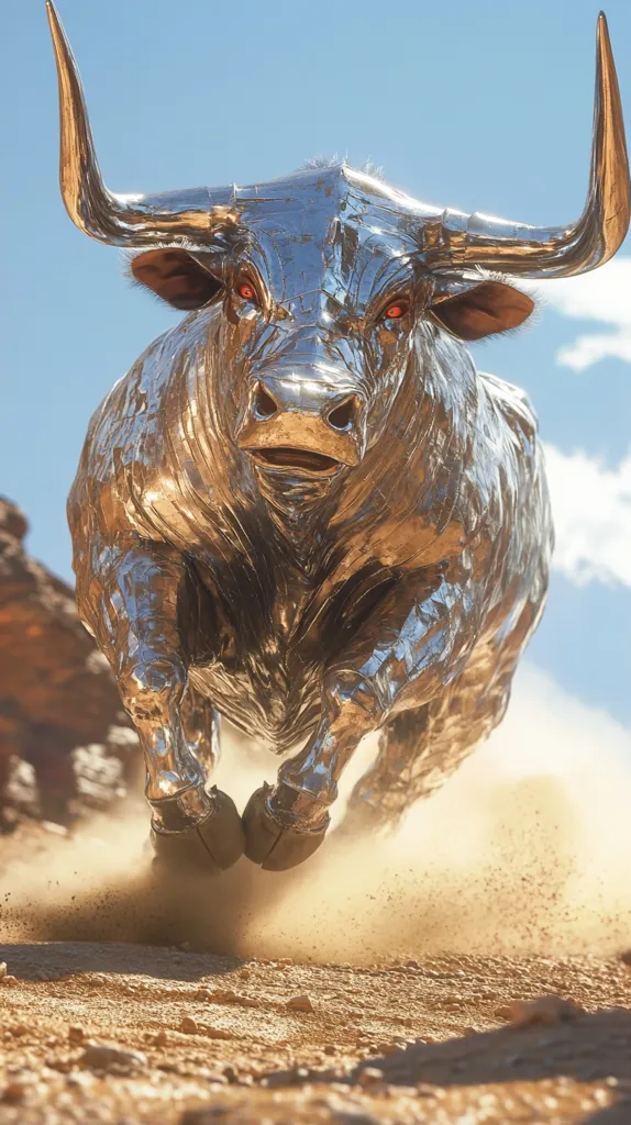 A metallic, silver bull with glowing red eyes charges forward, kicking up dust as it runs on a dirt path. The bull's horns are long and sharp, and its body is covered in intricate details. The background is a bright blue sky.  The image captures the bull's power and ferocity.