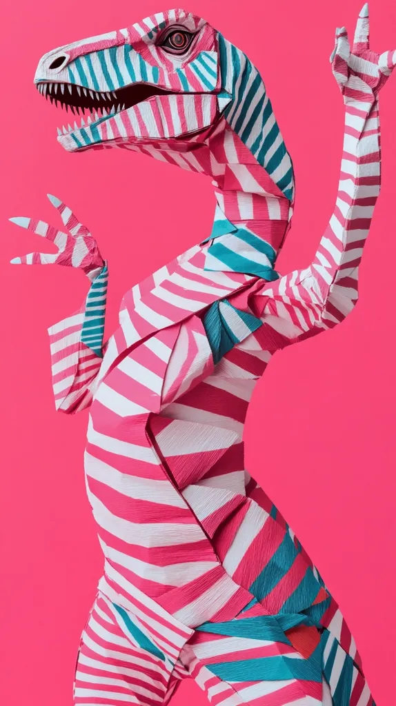 A paper sculpture of a dinosaur is depicted. The sculpture is made of pink and blue striped paper, and the dinosaur's posture is dynamic, with its arms raised and its head tilted to the side. The background is a solid pink, providing a stark contrast to the sculpture. The sculpture is detailed and intricate, capturing the essence of a dinosaur. The image is both playful and artistic.