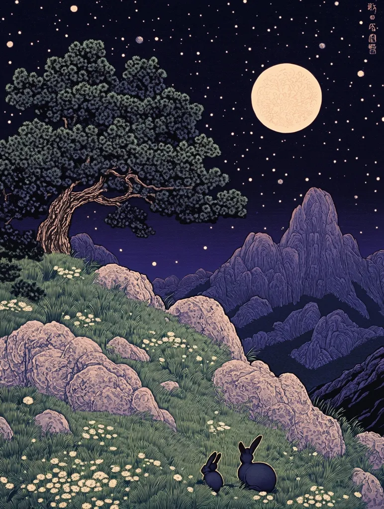 The image depicts a serene night scene with a large, full moon illuminating a mountain landscape. A lone tree stands on a grassy hillside dotted with white flowers and large rocks. Two rabbits sit on the ground, their eyes fixed on the distant mountains. The sky is filled with twinkling stars, adding to the mystical atmosphere. The image evokes a sense of tranquility and wonder.