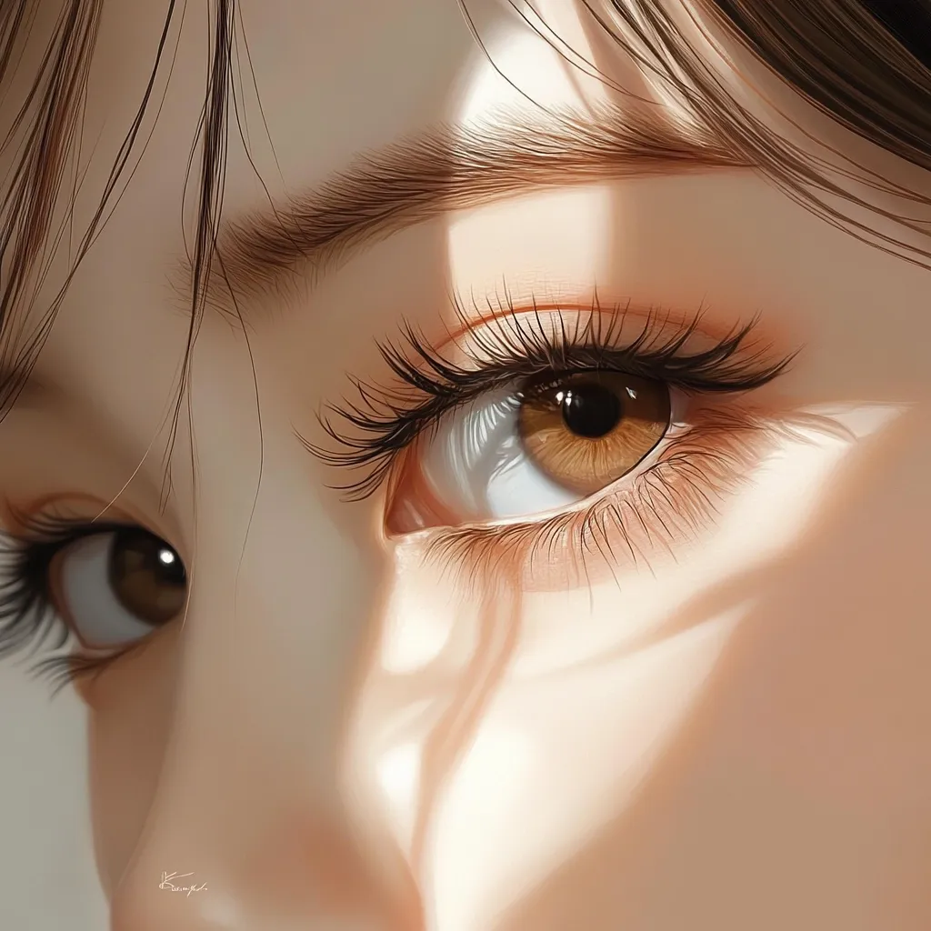 The image is a close-up of a woman's face, focusing on her right eye. The eye is brown with long eyelashes, and the light from the sun creates soft, warm shadows on her face. The image has a dreamy, ethereal quality, with soft focus and smooth skin.