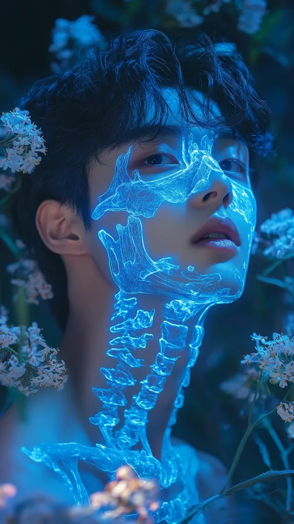A young man with dark hair poses with his face glowing a bright blue. The blue light creates an effect of a skeletal structure of his face and neck, almost like an x-ray. His eyes are closed and his mouth is slightly open. The background is blurred and features out-of-focus white flowers.  The image has an otherworldly, ethereal quality.