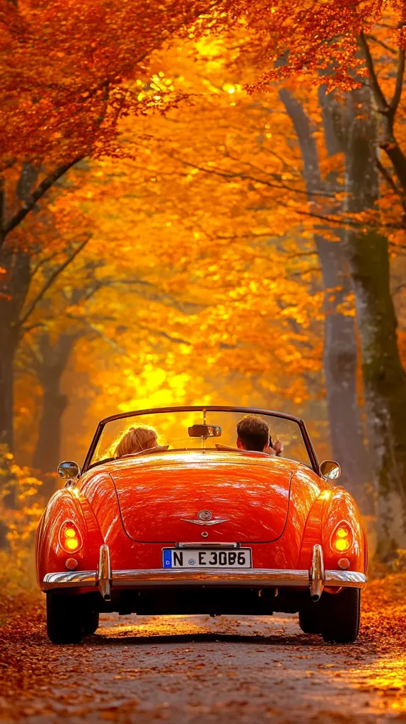 A red vintage convertible drives down a road lined with trees ablaze in autumn colors. The couple inside are enjoying the beautiful scenery. The sun shines through the trees, casting a warm glow on the scene. Fallen leaves cover the ground.