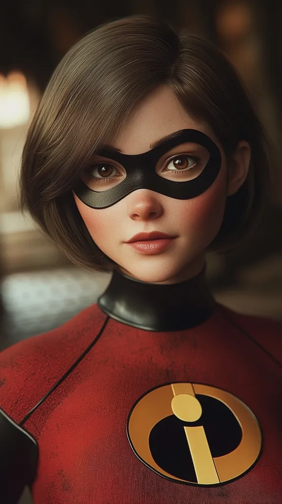 A young woman with short brown hair wears a black mask over her eyes. Her face is soft and delicate, and she has a gentle smile. She is wearing a red and black superhero costume with the Incredibles logo emblazoned on the chest. The costume is slightly worn, suggesting she's been in action.  The background is blurred and out of focus, drawing attention to her.