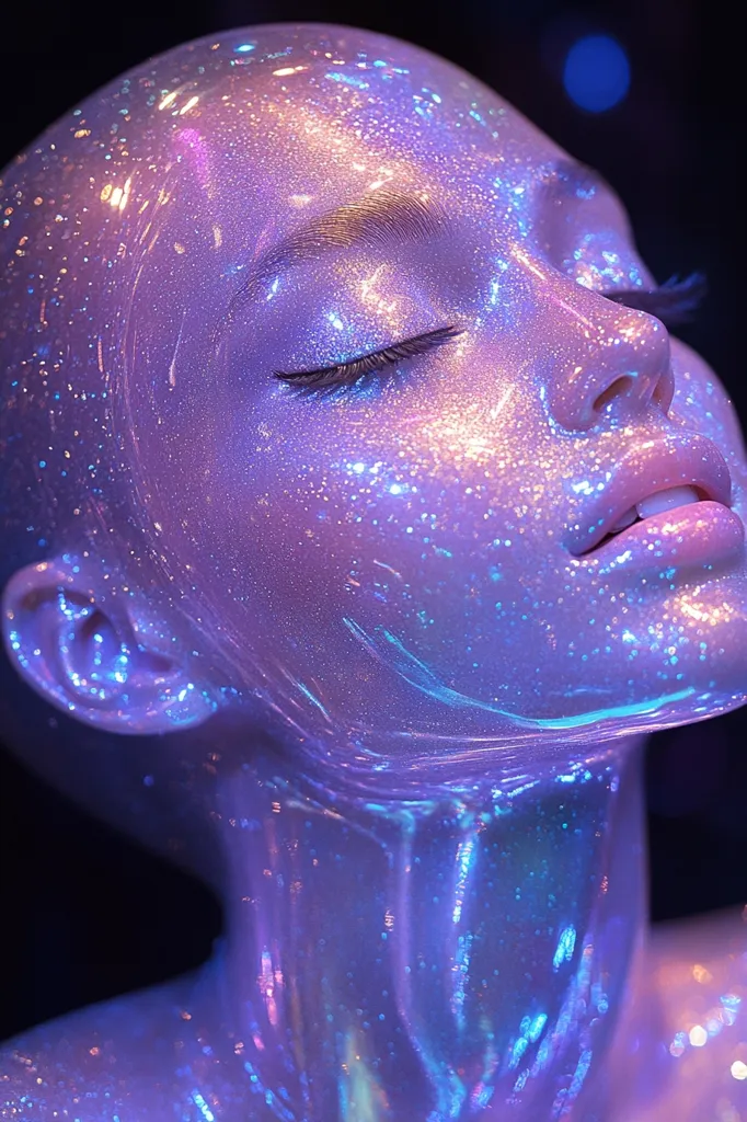 The image features a close-up of a person's face covered in iridescent glitter. The light reflects off the glitter, creating a shimmering, almost ethereal effect. The person's eyes are closed, and their lips are slightly parted, suggesting a sense of peacefulness or tranquility. The overall mood of the image is one of otherworldly beauty and serenity.
