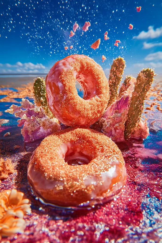 Two frosted donuts with a sprinkle of gold sugar are sitting on a bed of sparkly pink and purple. They are surrounded by green cacti, orange flowers, and blue water, which all suggest a tropical paradise setting.  The donuts are glistening with a light, almost iridescent sheen, which adds to the surreal and magical atmosphere. The overall effect is a whimsical, artistic celebration of a sweet treat in an exotic location.