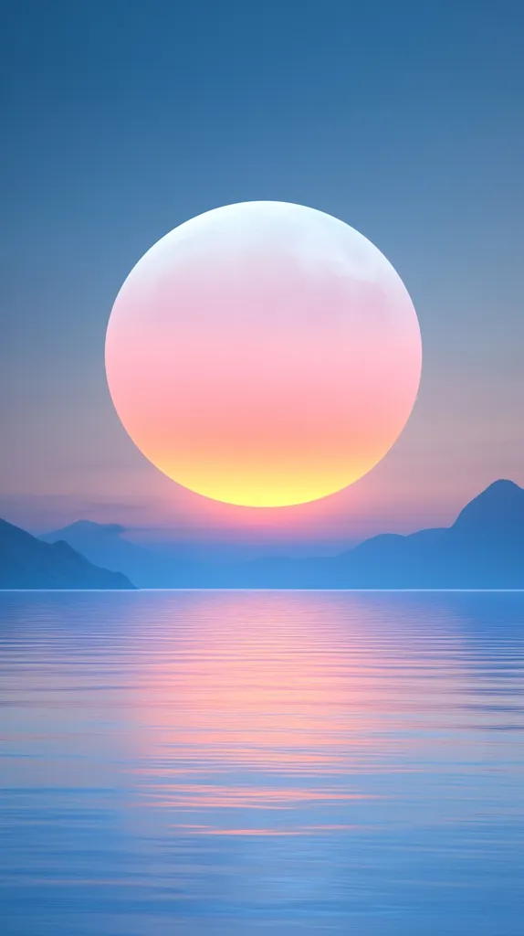A large, pink and yellow sphere, resembling a rising sun, hangs over a calm body of water. The water reflects the colors of the sky and the sphere, creating a serene and peaceful scene. Distant mountains are silhouetted against the horizon, adding depth to the image. The overall effect is one of tranquility and ethereal beauty.