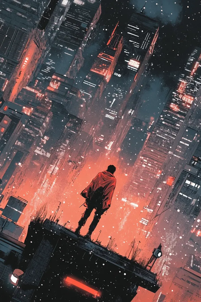 The image depicts a lone figure standing on a rooftop overlooking a futuristic city bathed in a warm, reddish glow. The city is dense and towering, with buildings reaching high into the sky. Snow falls gently, creating a serene atmosphere. The figure's silhouette is stark against the vibrant cityscape, conveying a sense of isolation and contemplation. The overall mood is one of wonder and anticipation.