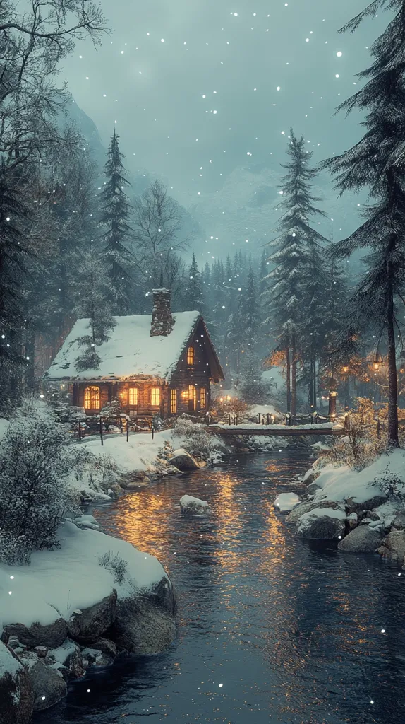 A cozy wooden cabin with glowing windows sits nestled in a snowy forest. The cabin is nestled by a river, with snow-covered rocks and trees lining the banks. The scene is bathed in soft light from the cabin and the setting sun, casting a warm glow on the winter landscape. The gentle snowfall adds to the tranquil ambiance.