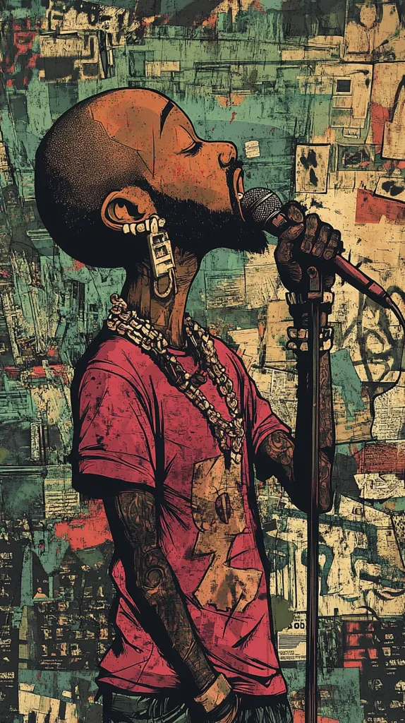 The image is a digital illustration of a man singing into a microphone. He has a dark complexion, short hair, and a red shirt. He is wearing a thick gold chain around his neck. The background is an abstract collage of different textures and colors. The man appears to be singing with passion and energy, and his expression is full of emotion. The image is dynamic and energetic, and it captures the raw power of music.