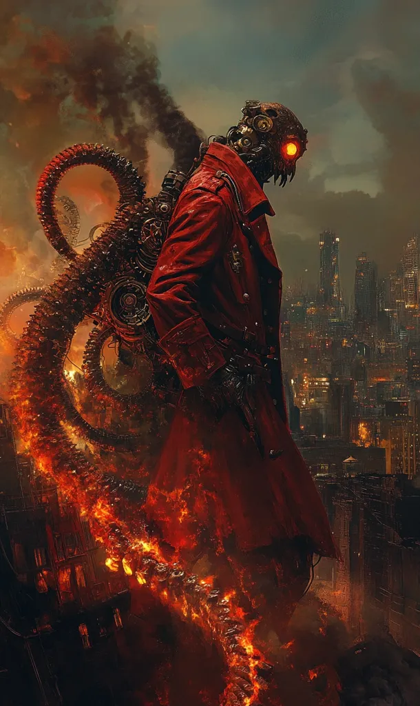 A mechanical figure in a red coat stands amidst a fiery cityscape. Its head is a complex metal construction with glowing red eyes. The figure's back is attached to a large, mechanical, and serpentine creature, which is made of metal and fire. The background shows a futuristic city engulfed in flames.  The image evokes a sense of dystopia and danger.
