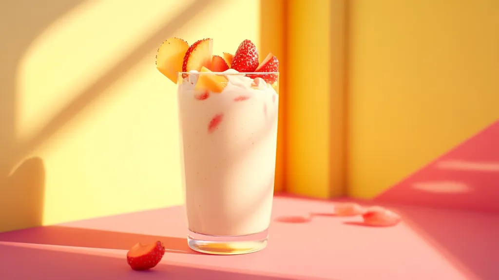 A tall glass filled with a creamy pink smoothie topped with sliced strawberries and peaches.  The glass sits on a bright pink surface with a yellow wall and a pink and yellow wall in the background.  The sun shines brightly on the smoothie, creating a warm glow.  A single strawberry slice rests on the surface in the foreground.