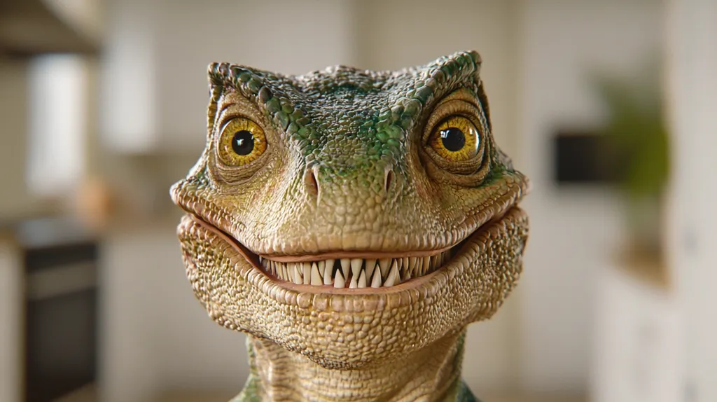 The image shows a close-up of a green and brown dinosaur's head. It has large, yellow eyes, a wide, toothy grin, and scaly skin. The dinosaur is looking directly at the viewer with a playful expression. The background is a blurred, out-of-focus image of a kitchen. The image is likely taken from a film or television show, featuring a CGI dinosaur.