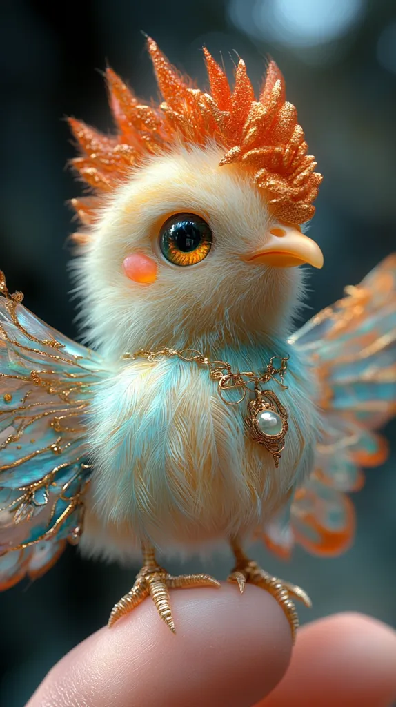 A small, fluffy bird with a golden crown and large, bright eyes sits on a finger. Its body is a soft blue and white, and its wings are made of delicate, shimmering feathers. The bird wears a golden necklace with a pearl pendant. Its golden feet are perched gently on the finger, giving the impression of a delicate and magical creature.