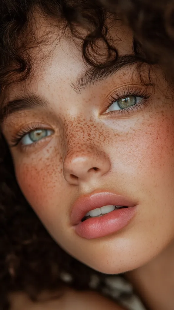 The image shows a close-up of a woman's face. Her skin is clear and smooth, with a few freckles scattered across her cheeks. She has large, expressive green eyes and full lips. Her hair is curly and dark, framing her face. The lighting is soft and natural, highlighting her features. She appears to be looking directly at the camera, with a hint of a smile on her face. The image is intimate and alluring, showcasing the beauty of natural features.
