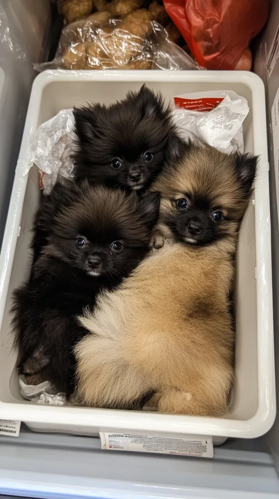 Three fluffy puppies are nestled in a white plastic tub. Two black and one brown puppy huddle together, their eyes wide and curious. They are looking directly at the camera, their fur soft and inviting. The background is a blurry white, creating a simple yet effective background for the image. The puppies appear to be in a relaxed and playful mood, creating a sense of warmth and contentment.