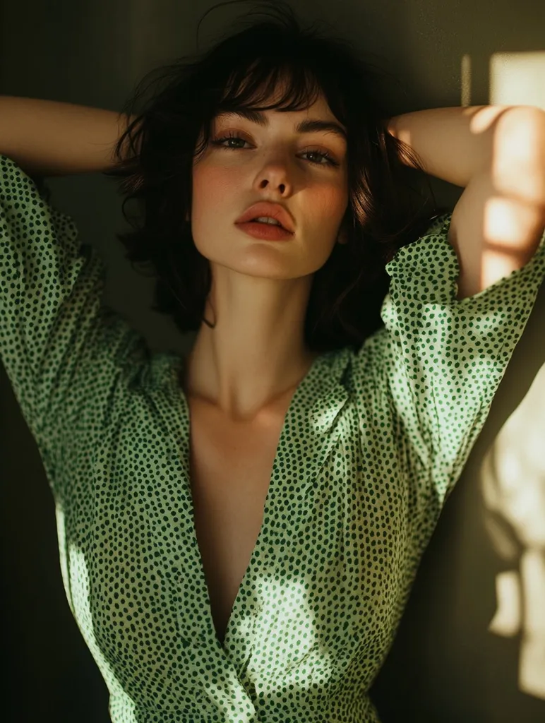 A woman with short, dark hair and a deep, V-neck green polka dot blouse looks directly at the camera. Her arms are raised, and the blouse is loose around her shoulders. The light is soft and warm, casting shadows behind her. The woman's expression is serious and her lips are slightly parted. She has light skin and dark eyes.  The background is a plain, light brown wall.  The image evokes a sense of quiet intimacy.