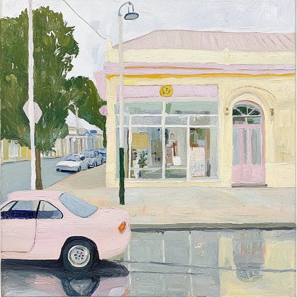 The image depicts a pastel-colored storefront with a pink door and large windows. A pink car is parked in front of the store, with a reflection of the building in the wet street. A green tree stands on the left side of the image, providing shade over the sidewalk. The scene is bathed in soft light, giving it a calm and peaceful ambiance.  The building appears to be a shop or a small business, with a sign visible above the door. The painting is reminiscent of a sunny day in a quiet town.