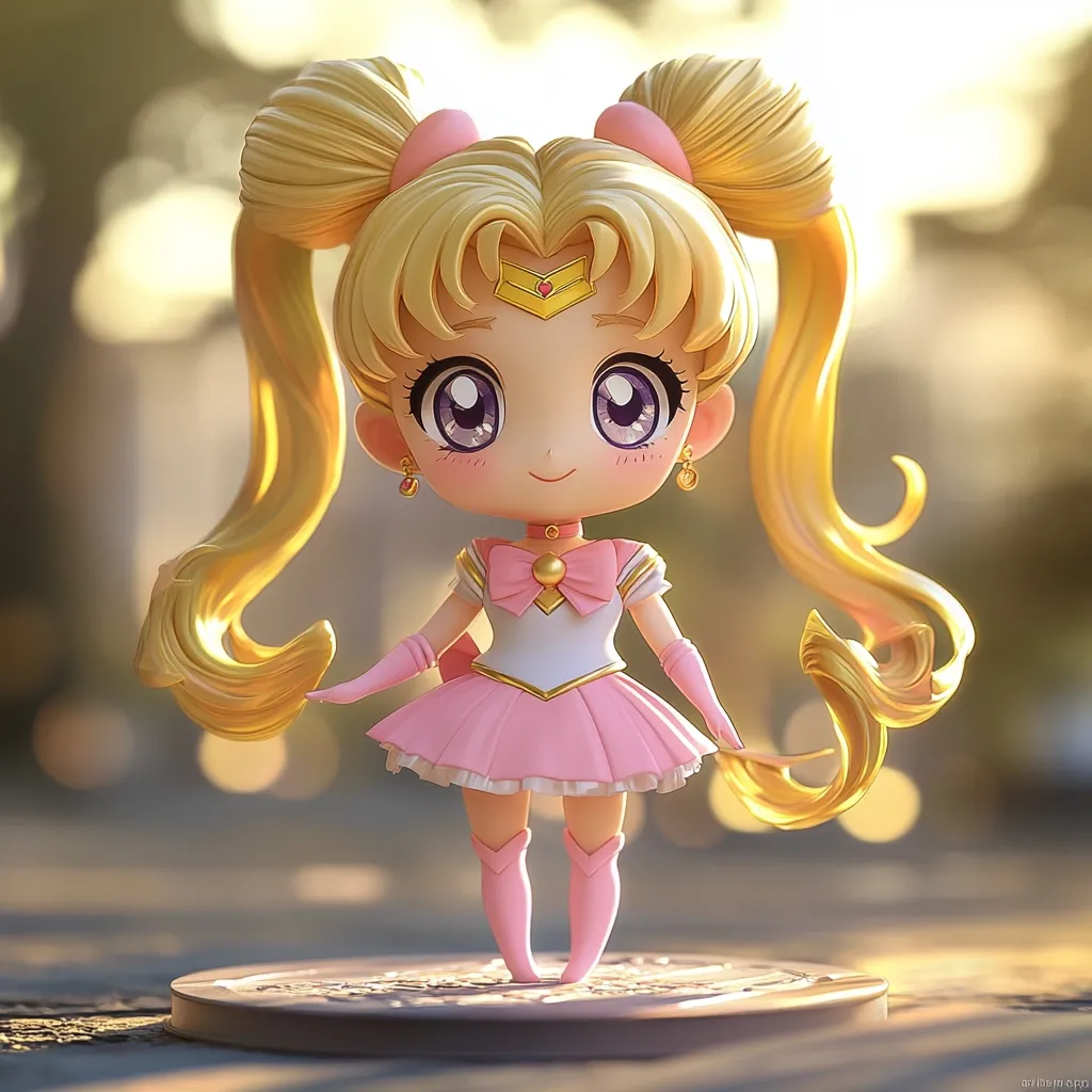 A small, stylized figurine of a female anime character with blonde hair, large eyes, and a pink dress. She has a small, golden tiara on her forehead and a pink bow on her chest. The figure is standing on a circular platform, and the background is a blurred, warm-toned image of a forest. The overall style is cute and whimsical.