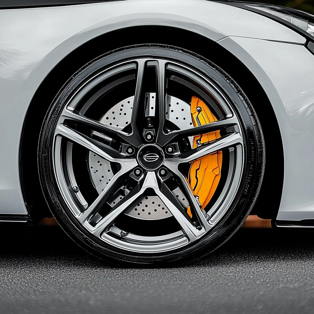 The image shows a close-up of the front tire of a white sports car. The tire is large and black, with a silver and black rim. The car has bright yellow brake calipers that add a pop of color to the image. The tire is in focus while the rest of the car is slightly blurred, giving a sense of speed and movement.  The detail of the car's design is evident, showing the high quality and craftsmanship.