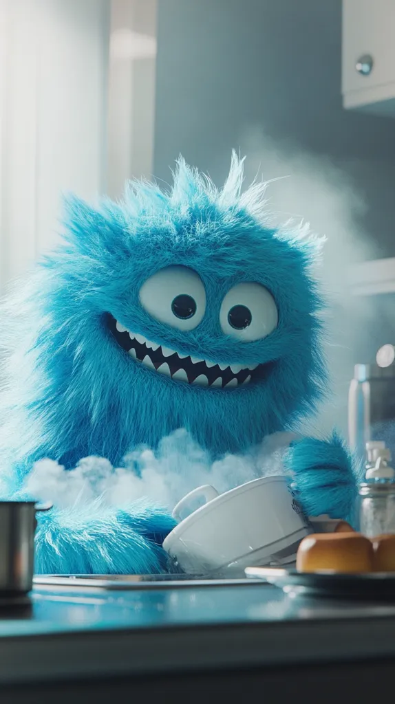 A blue, furry monster with large eyes and a wide grin is in a kitchen. It is holding a white pot over a stovetop, with steam rising from the pot. There are rolls on the counter in front of the monster. The monster is smiling mischievously, suggesting it is about to do something fun or mischievous.