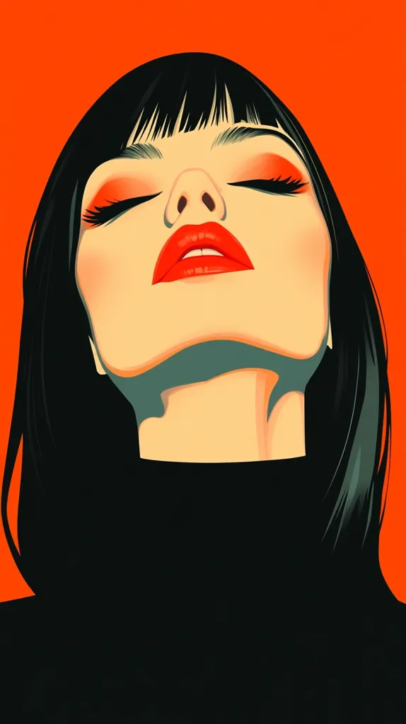 A close-up illustration of a woman's face, with her eyes closed and lips parted. She has long black hair, a sharp jawline, and a defined nose. She is wearing a black turtleneck sweater.  The background is a bright orange.
