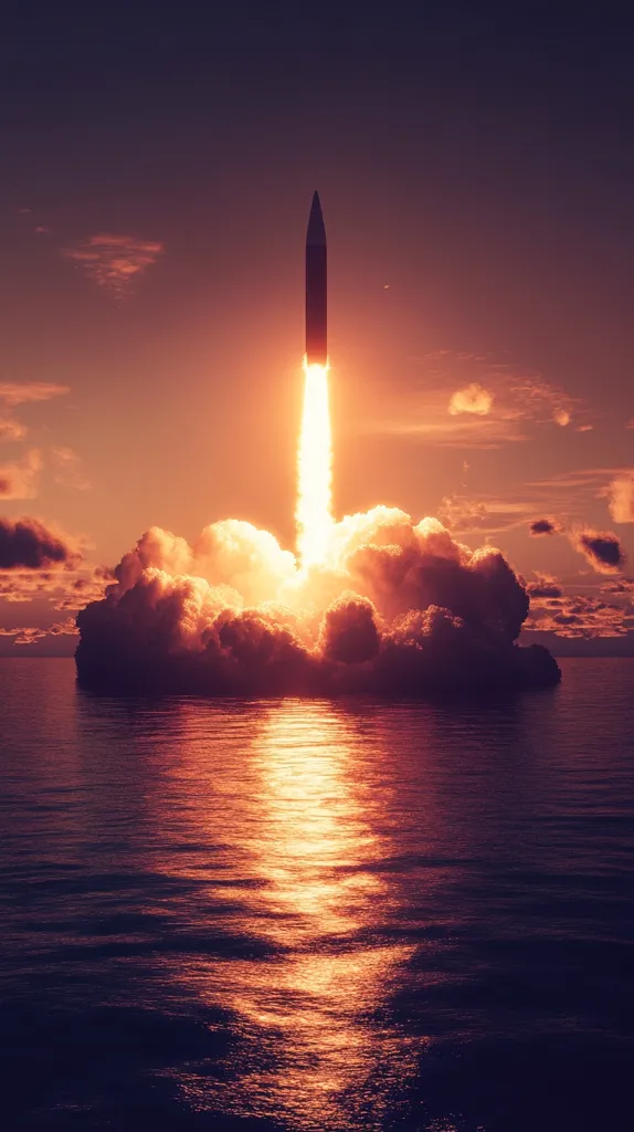 A rocket launches into the sky, leaving a trail of fire and smoke. The rocket is silhouetted against the setting sun, which casts a warm glow on the clouds and the water below. The scene is dramatic and awe-inspiring, capturing the power and majesty of human ingenuity.  The water below reflects the colors of the sunset, creating a beautiful and serene backdrop for the launch.