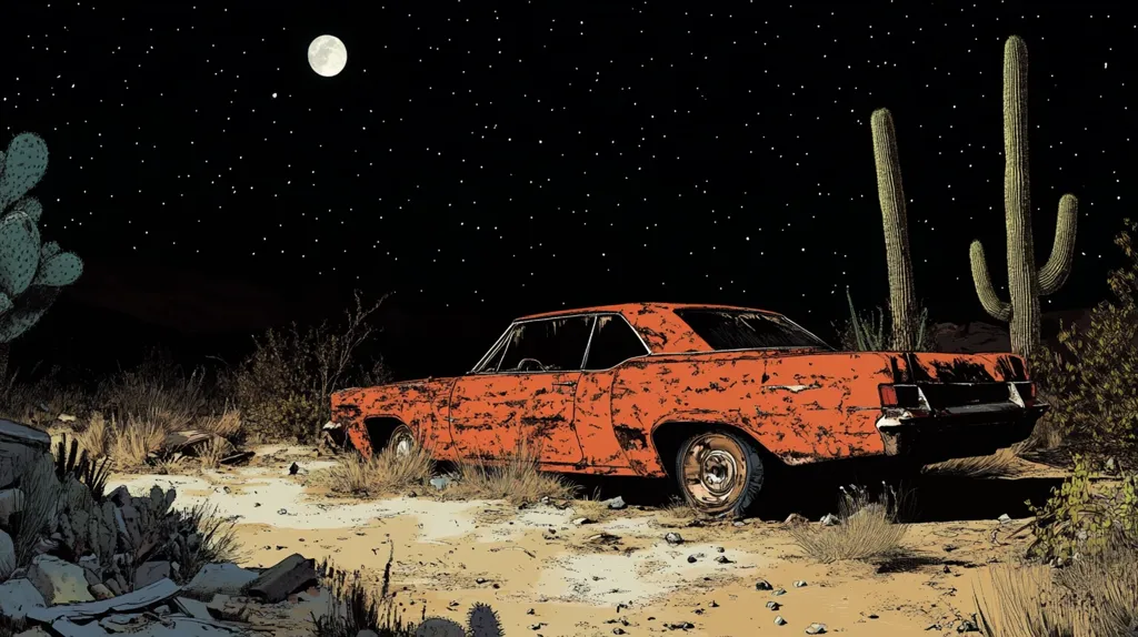 The image depicts a rusty, orange car parked in a desert landscape under a starry night sky. The car is surrounded by cacti and shrubs, and a large, full moon shines brightly in the sky. The scene evokes a sense of isolation and solitude, with the car seemingly abandoned in the vast emptiness of the desert. The stark contrast between the rusty car and the bright stars and moon creates a striking visual effect.