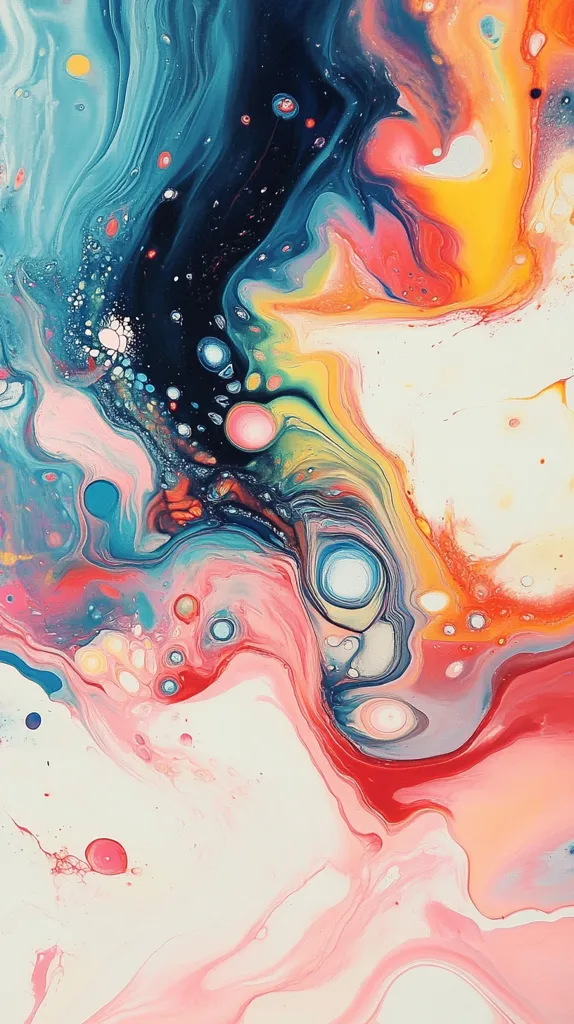 A vibrant abstract painting, showcasing a blend of colors in a swirling, fluid motion. The dominant hues are shades of blue, pink, red, and yellow, creating a dynamic and captivating interplay of light and shadow. Scattered throughout are small circular dots of various sizes and colors, adding depth and texture to the composition. The overall effect is one of movement and energy, evoking a sense of abstract beauty.