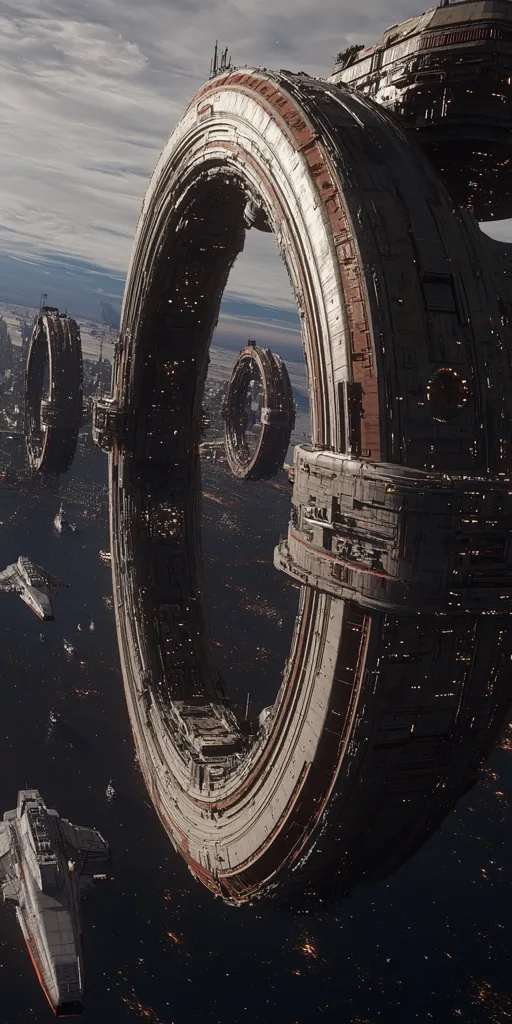 A large, futuristic space station with a circular opening hangs in space, revealing a view of a city below. The station is made of metal and has a complex, layered structure. It appears to be orbiting a planet, as a dark blue sky and a distant, hazy atmosphere can be seen in the background. Small, white spacecraft fly past the station, highlighting its massive size. The scene evokes a sense of awe and wonder at the possibilities of space exploration.